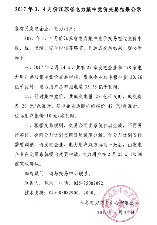 2017年3、4月份江蘇省電力集中競價交易結(jié)果公示
