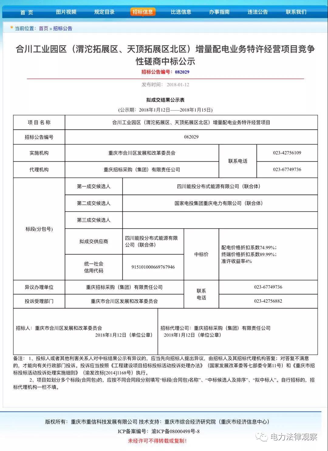 重慶合川增量配電項(xiàng)目?jī)?yōu)選結(jié)果，配電價(jià)下降25%，終端電價(jià)下降10%