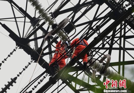 圖為電力工人在70多米高空作業(yè)，為特高壓復(fù)奉線重慶段進(jìn)行八年來首次大修?！≈芤?攝