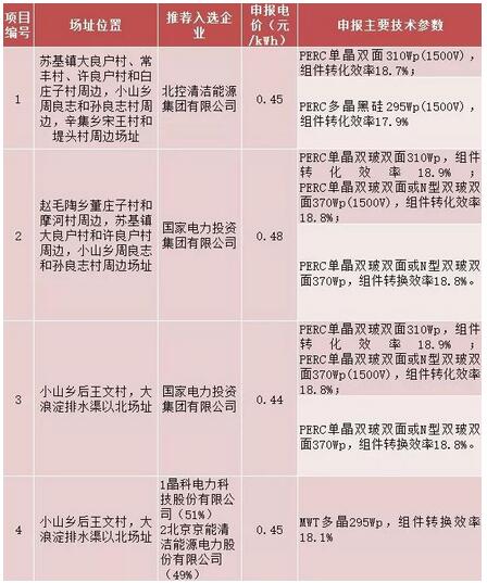 18家企業(yè)10個光伏應用領跑基地中標情況