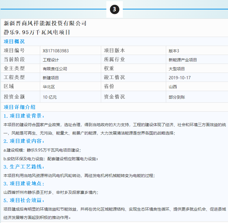 3個風電優(yōu)質(zhì)項目建設(shè)情況一覽