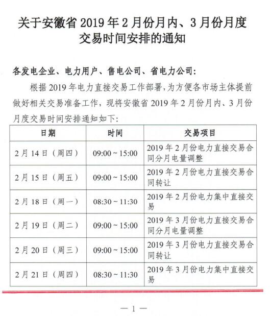  安徽2019年2月份月內(nèi)、3月份月度交易時(shí)間安排