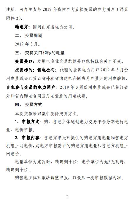 山東2019年3月電力直接交易（集中競價(jià)）2月21日展開
