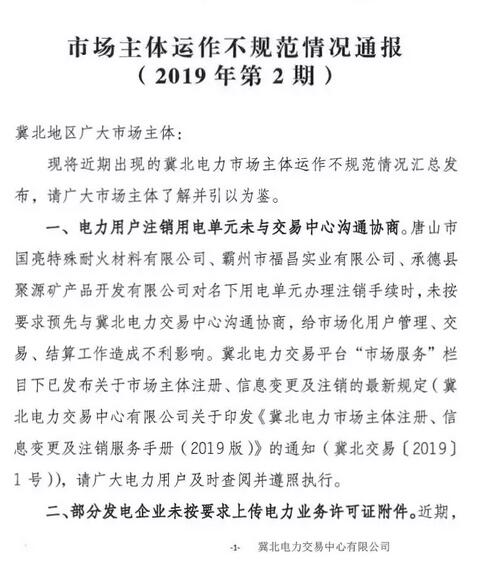 冀北電力市場(chǎng)主體運(yùn)作不規(guī)范情況通報(bào)（2019年第2期）